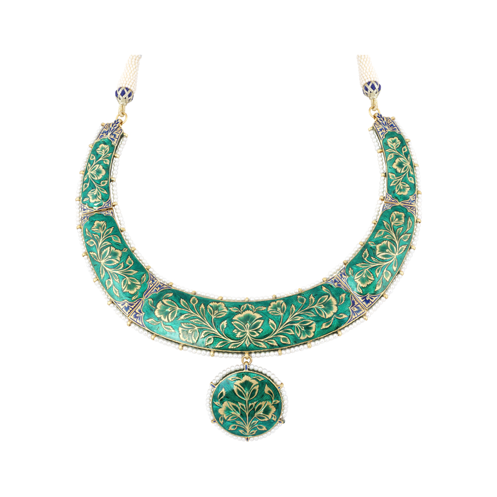 Indigo Enamel Hasli Necklace with Polki and Pearl Detailing